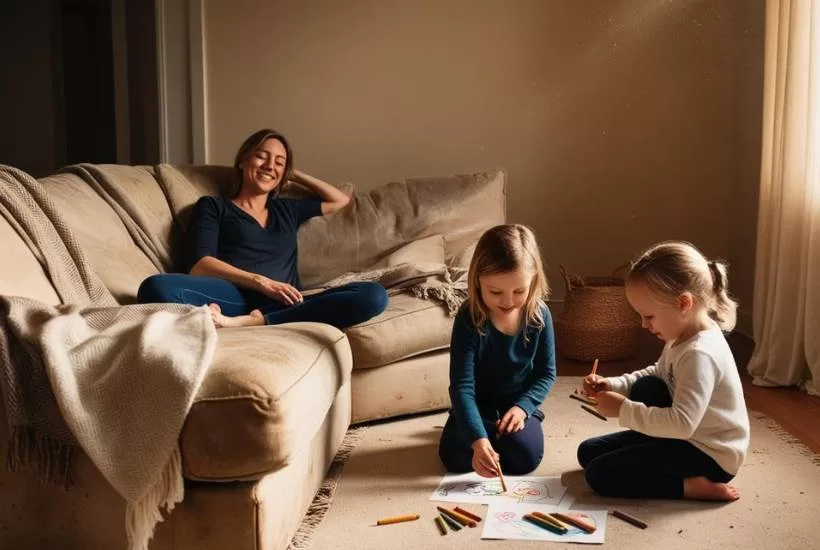 mom relaxing on the couch while her daughters are drying on the floor