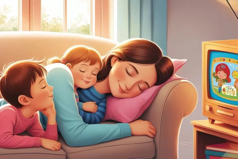mother sleeping on couch while children watch TV