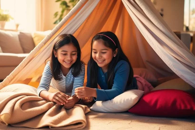 girls enjoying sitting in a fort in the living room