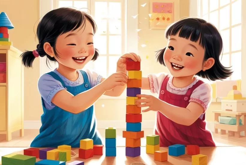 A child feeling proud while helping a sibling, demonstrating the positive impact of helping others on self-esteem.