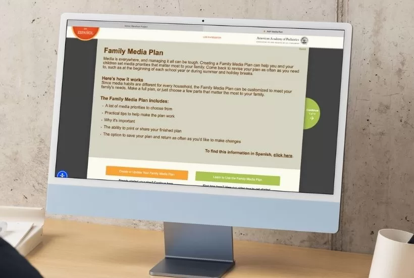 Screenshot of the Family Media Plan tool from HealthyChildren.org helping families set screen time guidelines