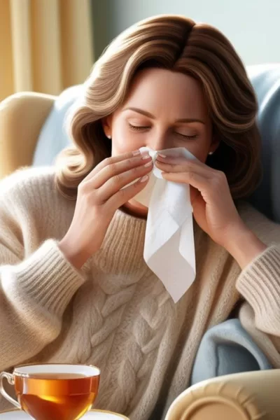 sick parenting mom sneezing in a tissue sitting on a chair